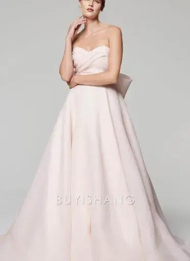 Elegant A-Line Strapless Ball Gown with Oversized Bow Back Chapel Train Prom Dresses